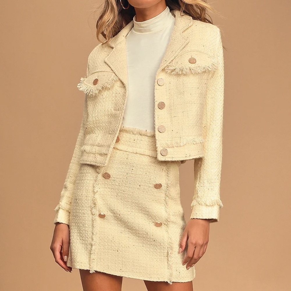 Elegant Cream & Gold Fleck Tweed Jacket + Skirt Set | Two-Piece Co-ord | Size S